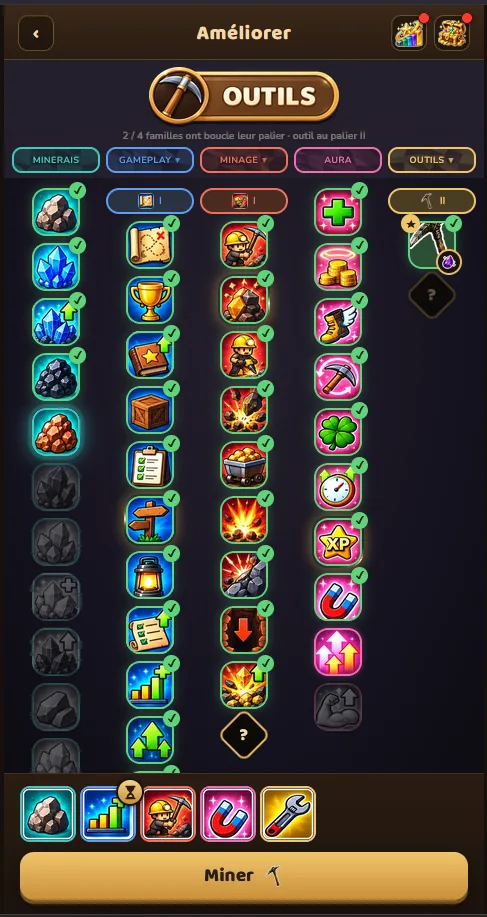 Capture de Miner Rush : l'arbre de compétences